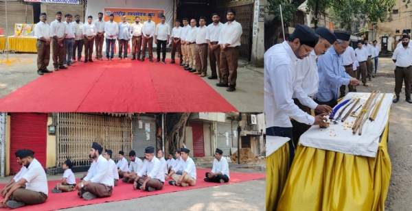 राष्ट्रीय स्वयंसेवक संघ रायपुर के माधव नगर जोरापारा बस्ती  में आयाेजित शताब्दी वर्ष  कार्यक्रम में शामिल कार्यकर्ता