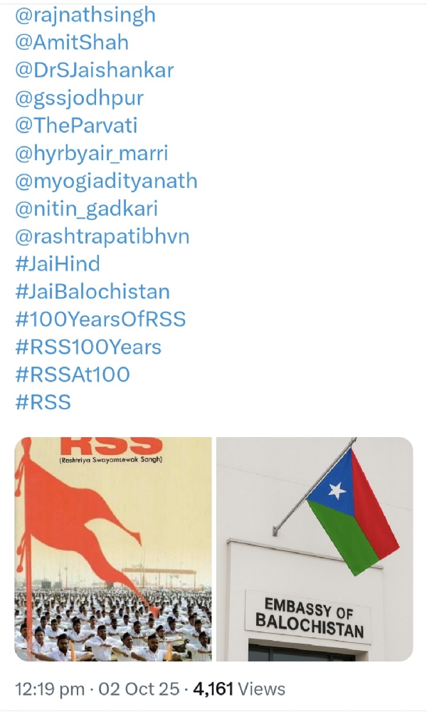 Mir Yar Baloch of Free Balochistan Movement congratulates RSS on its Centenary Day