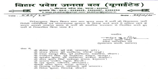 बिहारः जदयूद्वारा पक्षविरोधी गतिविधीनाम् आरोपे 11 नेतारः निष्कासिताः