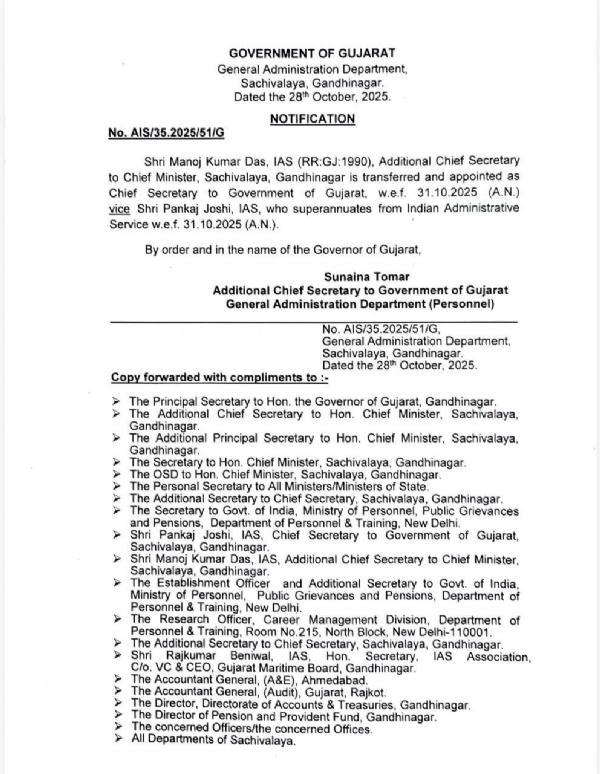 રાજ્યને મળ્યા નવા ચીફ સેક્રેટરી – મનોજકુમાર દાસની નિમણૂક રાજ્યને મળ્યા નવા ચીફ સેક્રેટરી – મનોજકુમાર દાસની નિમણૂક