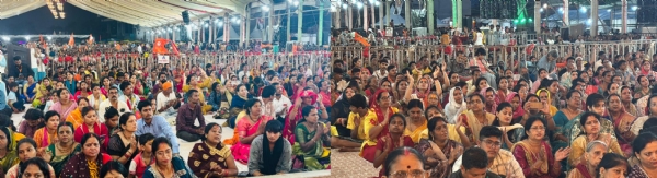 पंडाल में उपस्थित श्रद्धालु झूमते और नाचते हुए