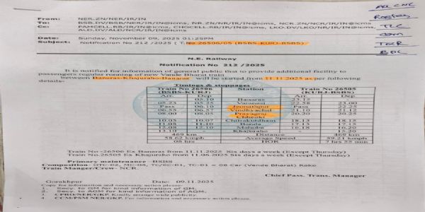 11 नवम्बरमासः आरप्स्यते बनारस–खजुराहो वन्देभारत्‌–एक्सप्रेस्‌, धार्मिक–पर्यटनस्थलानां दूरता सुलभा भविष्यति