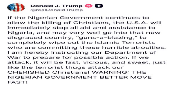 नाइजीरियायां पुनःरुष्टष्ट्रंपः, अमेरिकीयुद्धविभागाय कार्यवाहीं कर्तुं कथितवान्