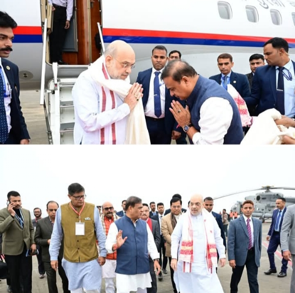 असम पहुंचे केंद्रीय गृह मंत्री अमित शाह का हवाई अड्डे पर स्वागत करते हुए मुख्यमंत्री डॉ हिमंत बिस्व सरमा।