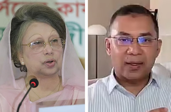 बीएनपी अध्यक्ष खालिदा जिया और कार्यवाहक अध्यक्ष तारिक रहमान (बाएं से दाएं)। तारिक लंदन में निर्वासित जीवन जी रहे हैं। वो बेगम खालिदा के बेटे है्ं। फोटो - प्रोथोम अलो