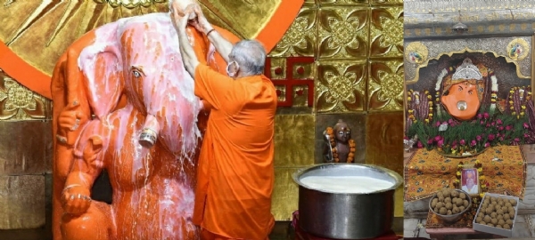 सोम पुष्य नक्षत्र: प्रथम पूज्य का पंचामृत अभिषेक कर सजाई  फूल बंगले झांकी