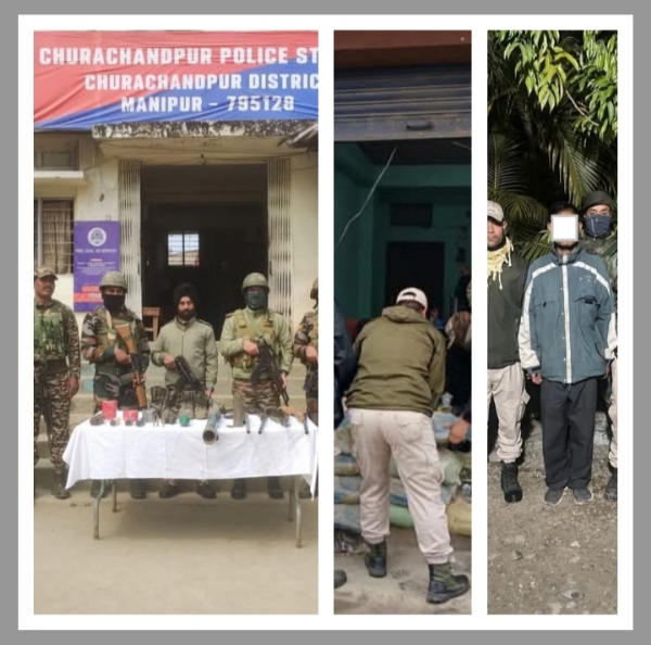 Image of the arms and explosives recovered in Manipur, illegal bunkers demolished and arrested accused.