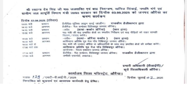 औरैया: जल शक्ति मंत्री स्वतंत्र देव सिंहोऽद्य जलप्लावनात् प्रभावित क्षेत्राणां करिष्यति भ्रमणम्