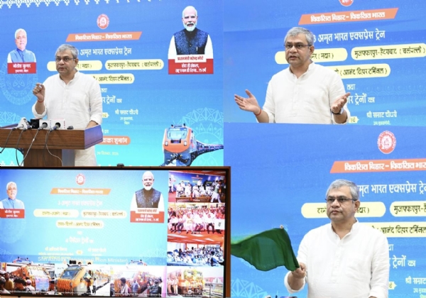 सात नई ट्रेनों को हरी झंडी दिखाते रेल मंत्री वैष्णव