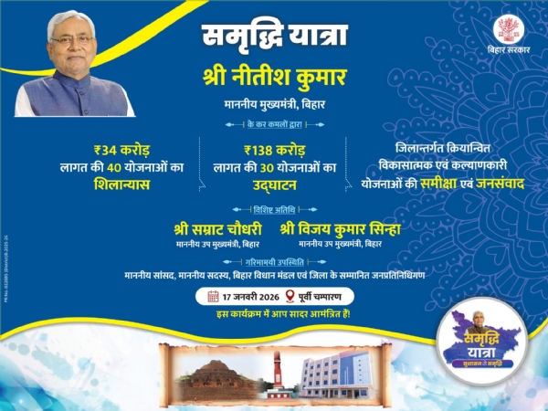 मुख्यमंत्री नीतीश कुमार की समृद्धि यात्रा का आज दूसरा दिन, पूर्वी चंपारण में करेंगे समीक्षा