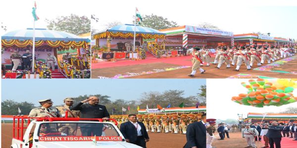 रायपुरम् : राज्यपाल  डेका रायपुरे राष्ट्रिय ध्वजं प्रसार्य अगृह्णात् पदप्रयाणस्य अभिवादनम्