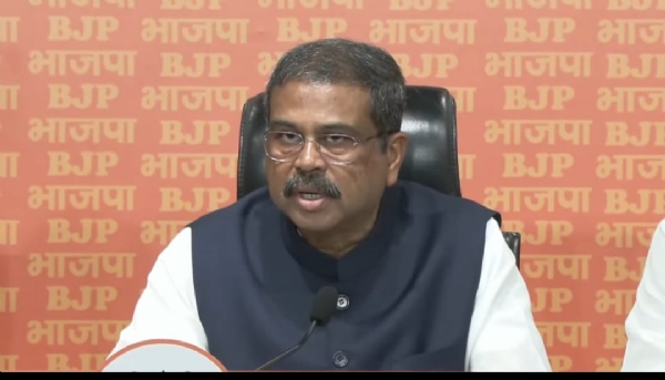 Union Minister and senior BJP leader Dharmendra Pradhan while addressing the media