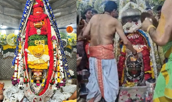 भगवान महाकाल के सिर पर सजाया गया पुष्प सेहरा, दोपहर में हुई भस्म आरती (दोनों तस्वीरें साथ-साथ)