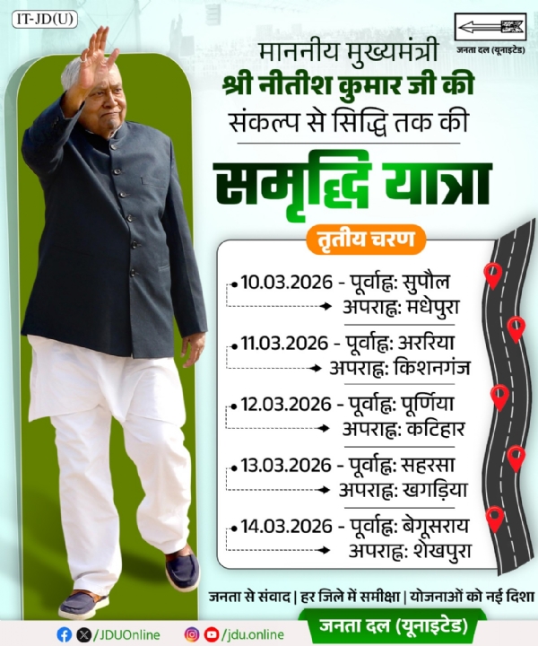 समृद्धि यात्रा का तीसरा चरण आज से शुरू, सुपौल और मधेपुरा में जनसंवाद करेंगे मुख्यमंत्री नीतीश कुमार समृद्धि यात्रा का तीसरा चरण आज से शुरू, सुपौल और मधेपुरा में जनसंवाद करेंगे मुख्यमंत्री नीतीश कुमार