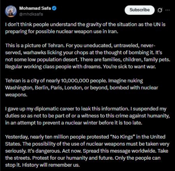 यूएन अधिकारी मोहम्मद सफा का एक्स पोस्ट