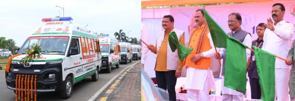 मुख्यमंत्री साय  एम्बुलेंस वाहन को  हरी झंडी दिखाते हुए