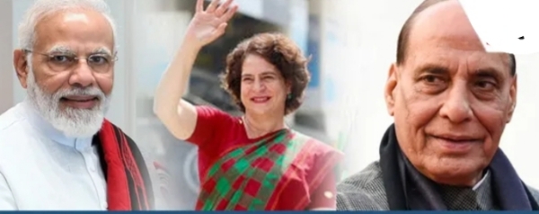 Image of the Prime Minister Narendra Modi, Union defence Minister Rajnath Singh and Congress leader Priyanka Gandhi.