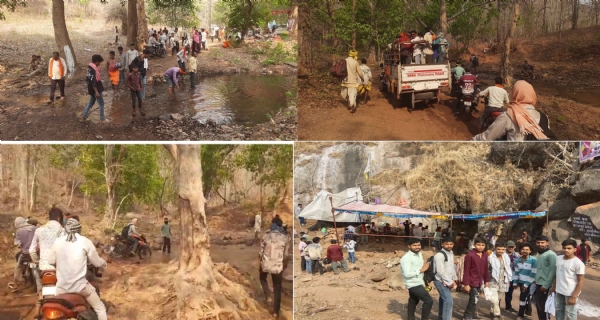 पहाड़ों और  नदी नालों को  पार करते श्रद्धालु