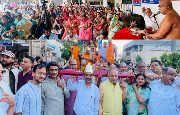 सोनीपत: राष्ट्रसंत उपाध्याय गुप्ति सागर         जी संबोधित करते हुए दूसरे चित्र में रथ को खींचते जैन श्रावक