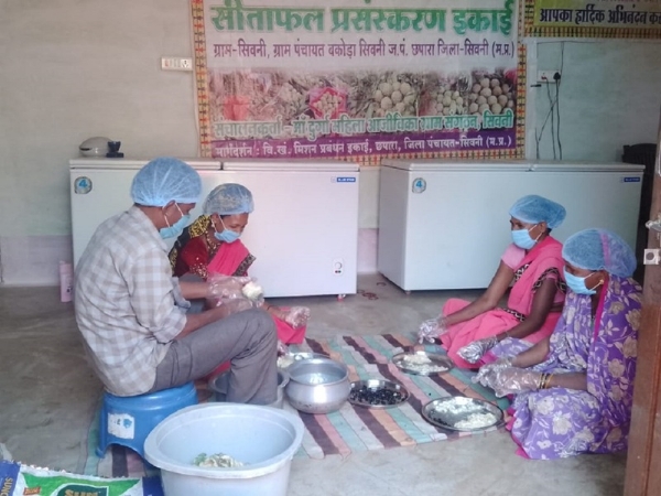 उत्पाद तैयार करतीं सिवनी की सीताफल प्रसंस्करण इकाई की महिलाएं