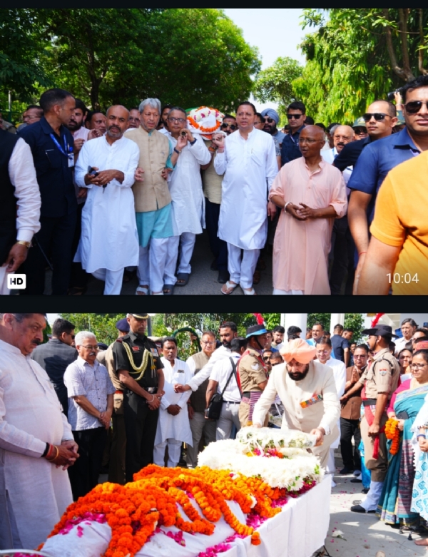 मुख्यमंत्री धामी पार्थिव शरीर को कंधा देते और राज्यपाल पुष्प चक्र अर्पित करते हुए।