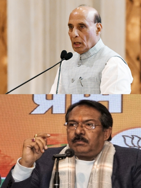 केंद्रीय मंत्री राजनाथ सिंह और हर्ष मल्होत्रा (फाइल फोटो)