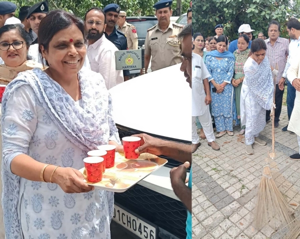 पंचकूला के सेक्टर-5 स्थित स्नेहा मंदिर में आयोजित स्वच्छता अभियान के दाैरान लाेगाें काे शीतल जल वितरित करतीं व स्वच्छता के लिए झाड़ू लगाती भाजपा प्रदेश अध्यक्ष डा. अर्चना गुप्ता।
