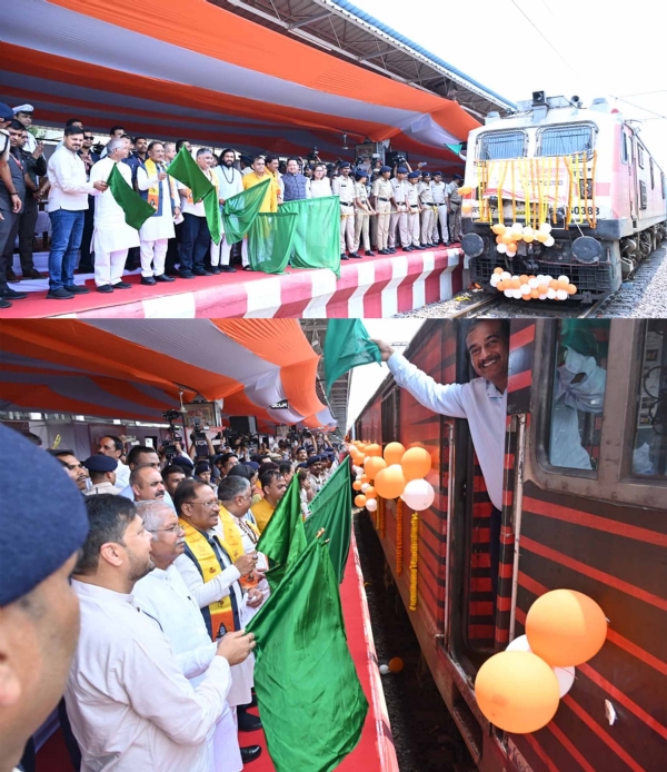 मुख्यमंत्री साय विशेष ट्रेन को हरी झंडी दिखाकर रवाना करते हुए मुख्यमंत्री साय विशेष ट्रेन को हरी झंडी दिखाकर रवाना करते हुए