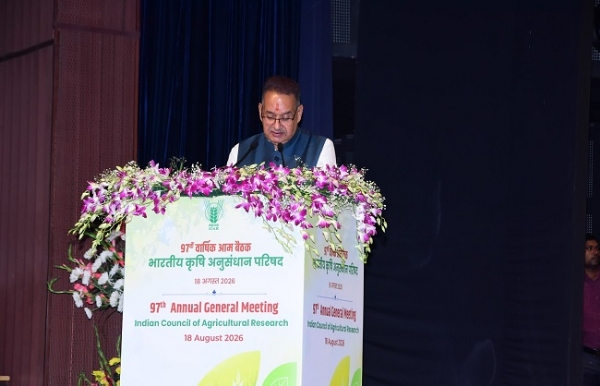 मंत्री गणेश जोशी नई दिल्ली में भारतीय कृषि अनुसंधान परिषद की 97 वीं वार्षिक आम बैठक को संबोधित करते हुए।