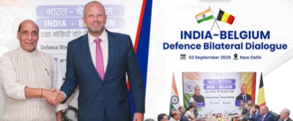 बेल्जियम के रक्षा एवं विदेश व्यापार मंत्री थियो फ्रैंकन के साथ रक्षा मंत्री राजनाथ सिंह प्रतिनिधिमंडल स्तर वार्ता के  बाद ।
