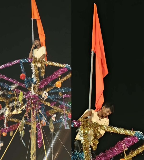 दही हांडी काे फाेड़ते हुए प्रतिभागी दही हांडी काे फाेड़ते हुए प्रतिभागी